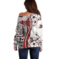 Bula Fiji Off Shoulder Sweater Shark Tail White Masi Tapa LT7 - Polynesian Pride