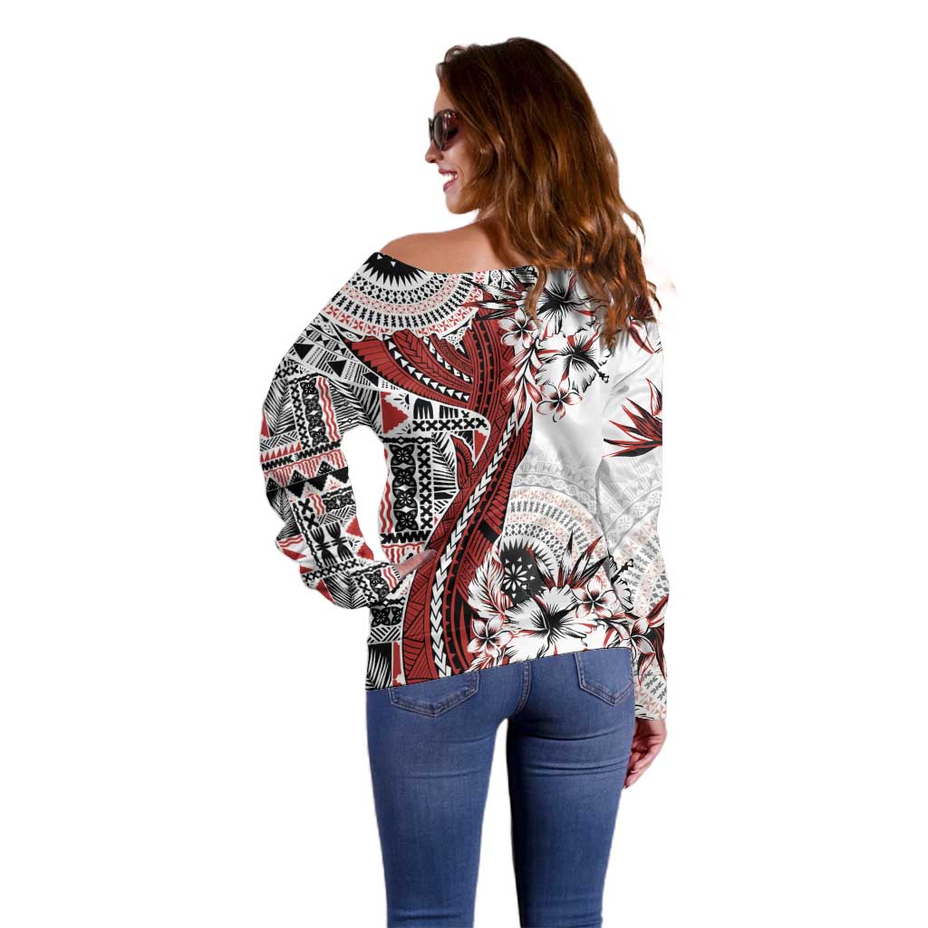 Bula Fiji Off Shoulder Sweater Shark Tail White Masi Tapa LT7 - Polynesian Pride
