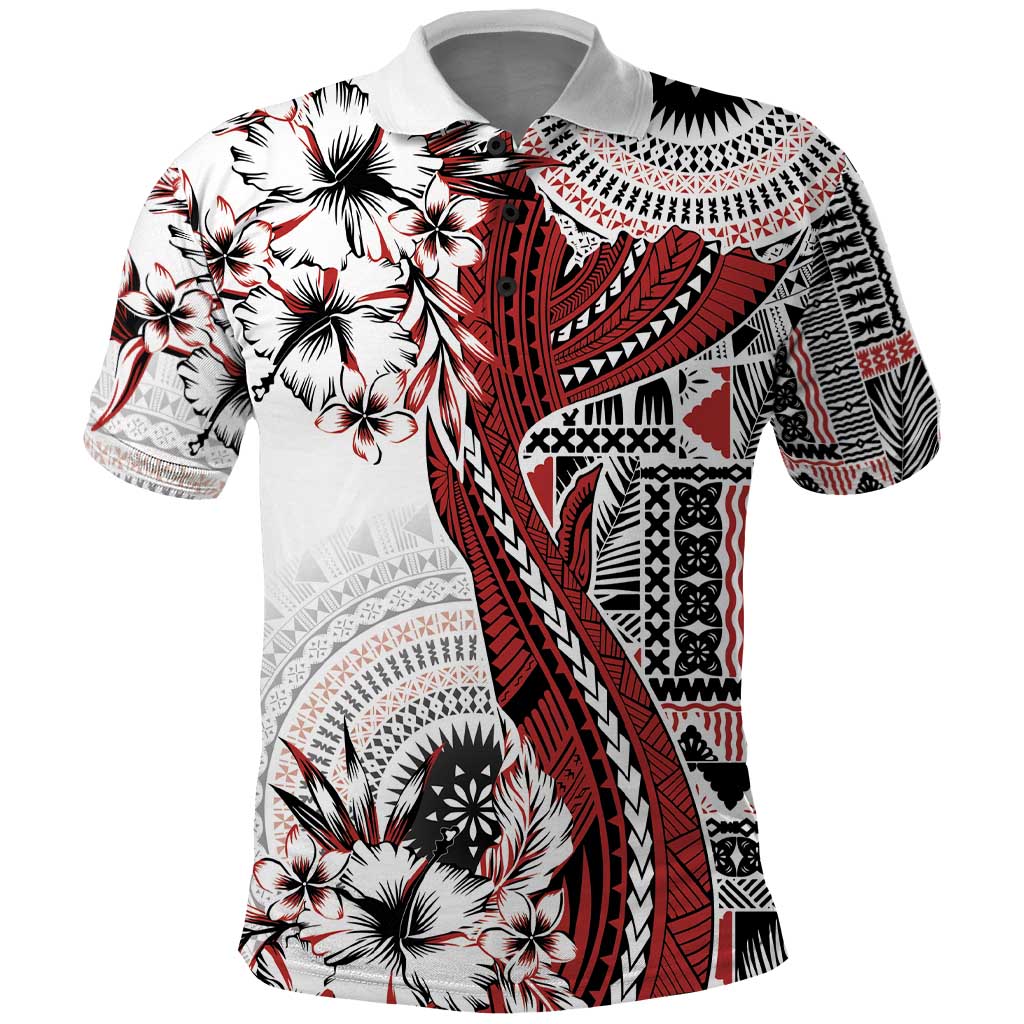 Bula Fiji Polo Shirt Shark Tail White Masi Tapa LT7 White - Polynesian Pride