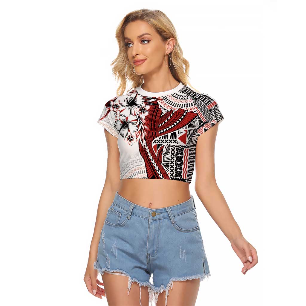 Bula Fiji Raglan Cropped T Shirt Shark Tail White Masi Tapa LT7 Female White - Polynesian Pride