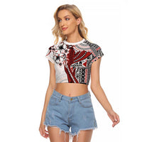 Bula Fiji Raglan Cropped T Shirt Shark Tail White Masi Tapa LT7 Female White - Polynesian Pride