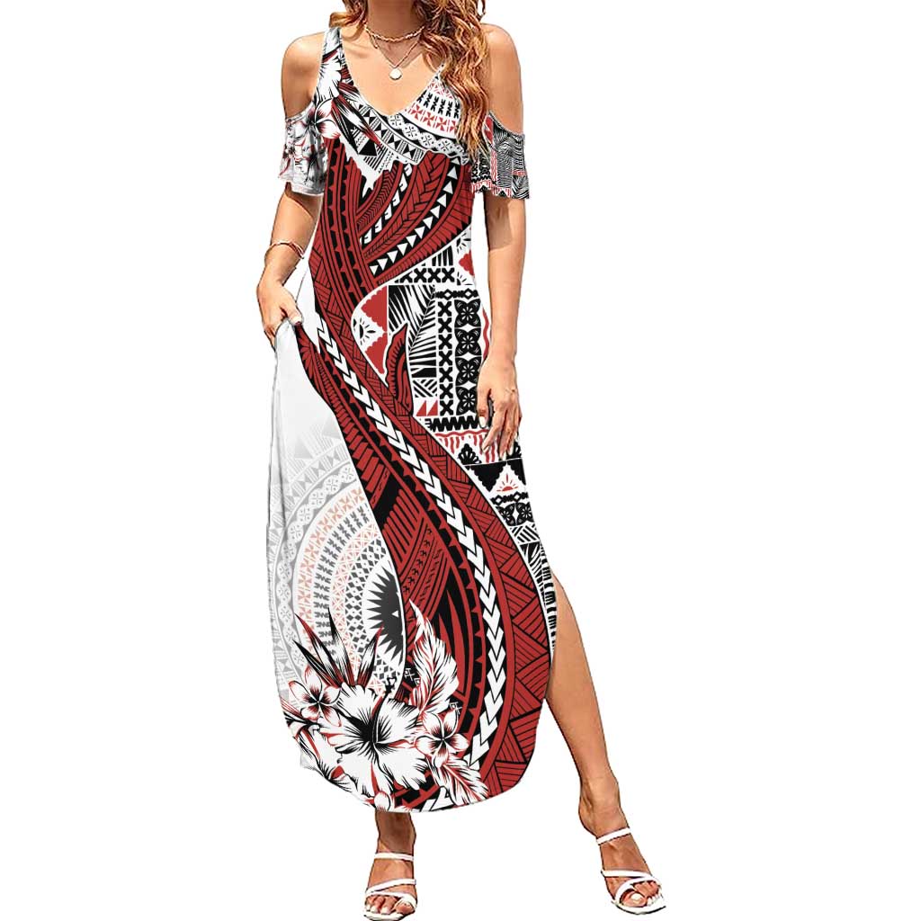 Bula Fiji Summer Maxi Dress Shark Tail White Masi Tapa LT7 Women White - Polynesian Pride