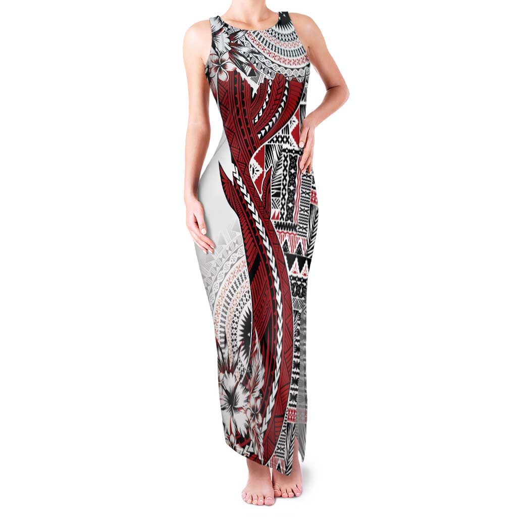 Bula Fiji Tank Maxi Dress Shark Tail White Masi Tapa LT7 Women White - Polynesian Pride