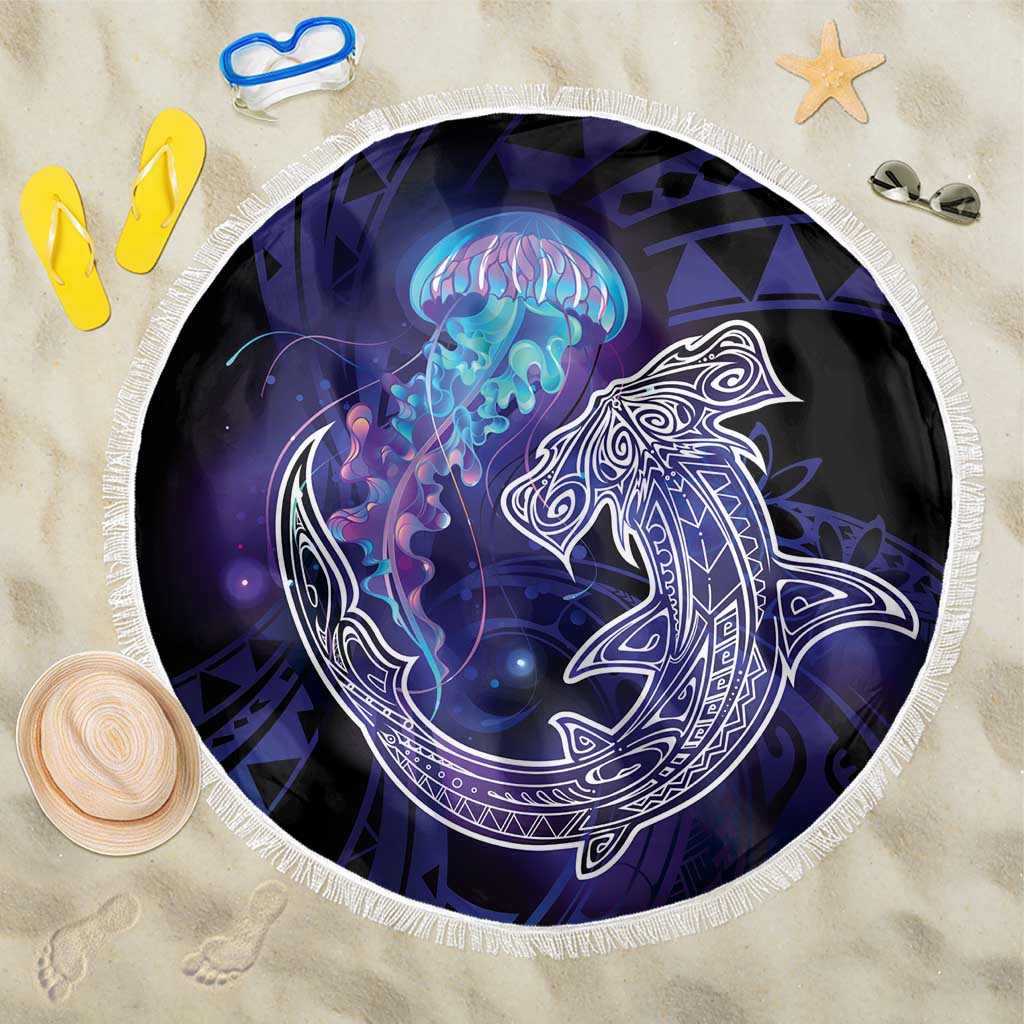 Polynesian Aumakua Beach Blanket Jellyfish with Shark LT7 One Size 150cm Teal Purple - Polynesian Pride