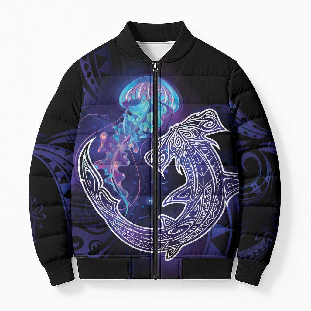 Polynesian Aumakua Bomber Puffer Jacket Jellyfish with Shark LT7 Unisex Teal Purple - Polynesian Pride