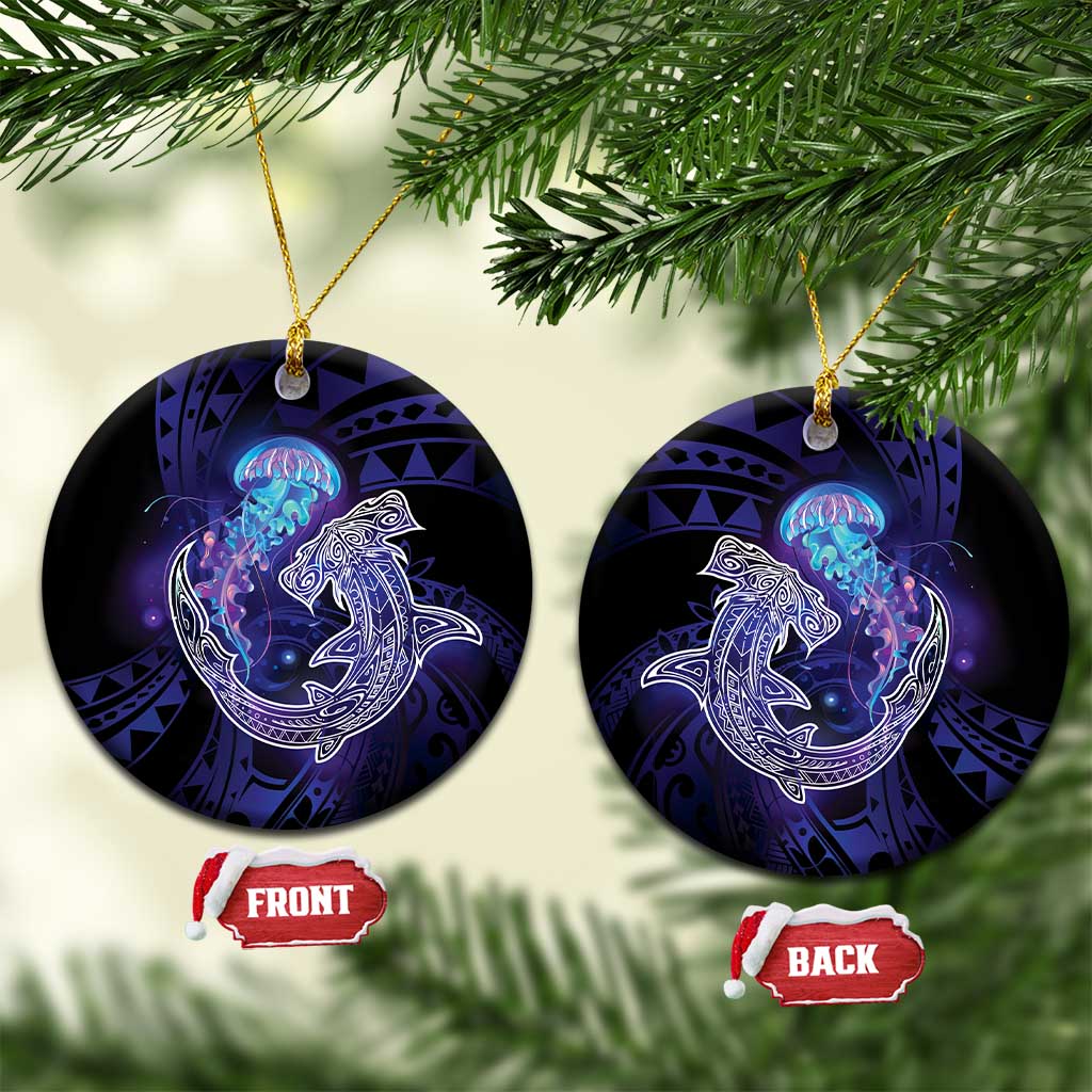 Polynesian Aumakua Ceramic Ornament Jellyfish with Shark LT7 Circle Teal Purple - Polynesian Pride