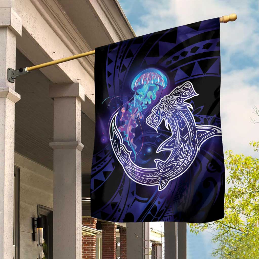 Polynesian Aumakua Garden Flag Jellyfish with Shark LT7 House Flag Teal Purple - Polynesian Pride