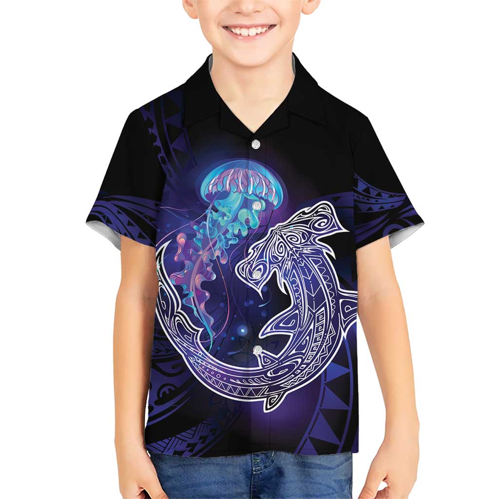 Polynesian Aumakua Kid Hawaiian Shirt Jellyfish with Shark LT7 Kid Teal Purple - Polynesian Pride
