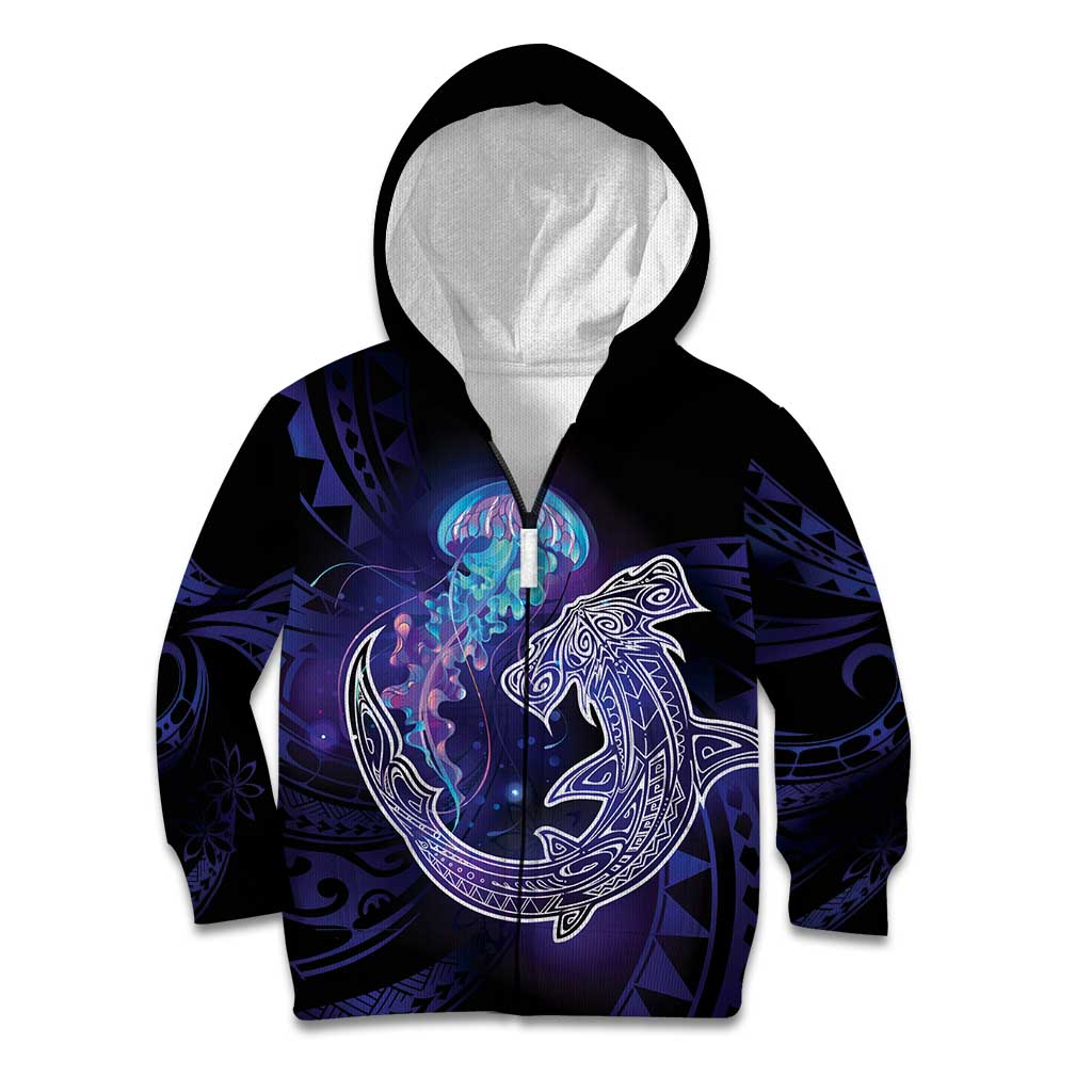 Polynesian Aumakua Kid Hoodie Jellyfish with Shark LT7 Zip Hoodie Teal Purple - Polynesian Pride