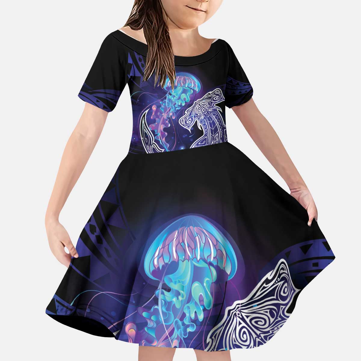 Polynesian Aumakua Kid Short Sleeve Dress Jellyfish with Shark LT7 KID Teal Purple - Polynesian Pride