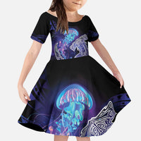 Polynesian Aumakua Kid Short Sleeve Dress Jellyfish with Shark LT7 KID Teal Purple - Polynesian Pride