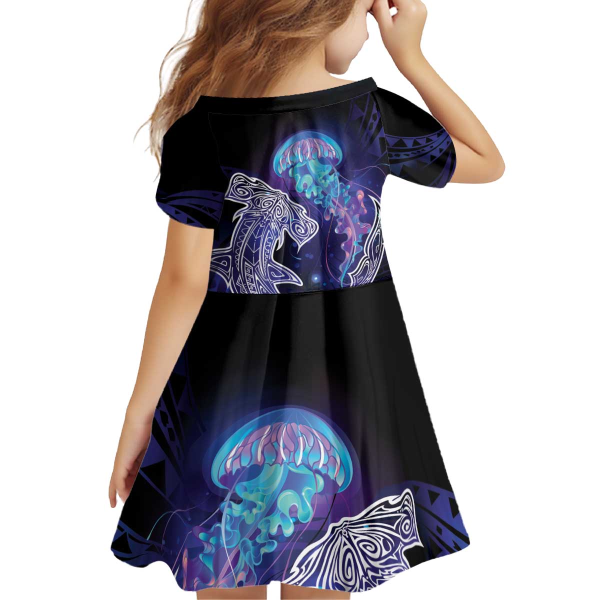 Polynesian Aumakua Kid Short Sleeve Dress Jellyfish with Shark LT7 - Polynesian Pride