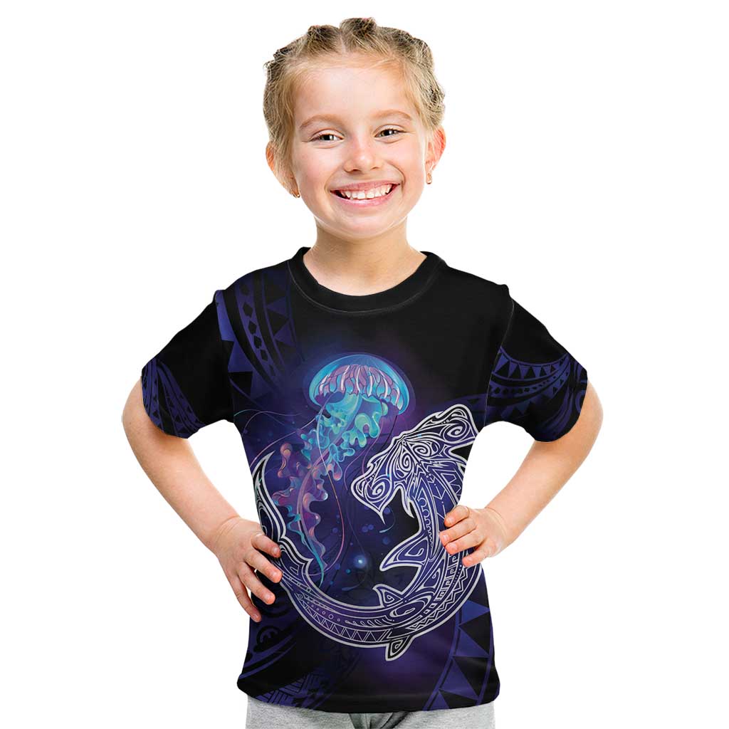Polynesian Aumakua Kid T Shirt Jellyfish with Shark LT7 Teal Purple - Polynesian Pride