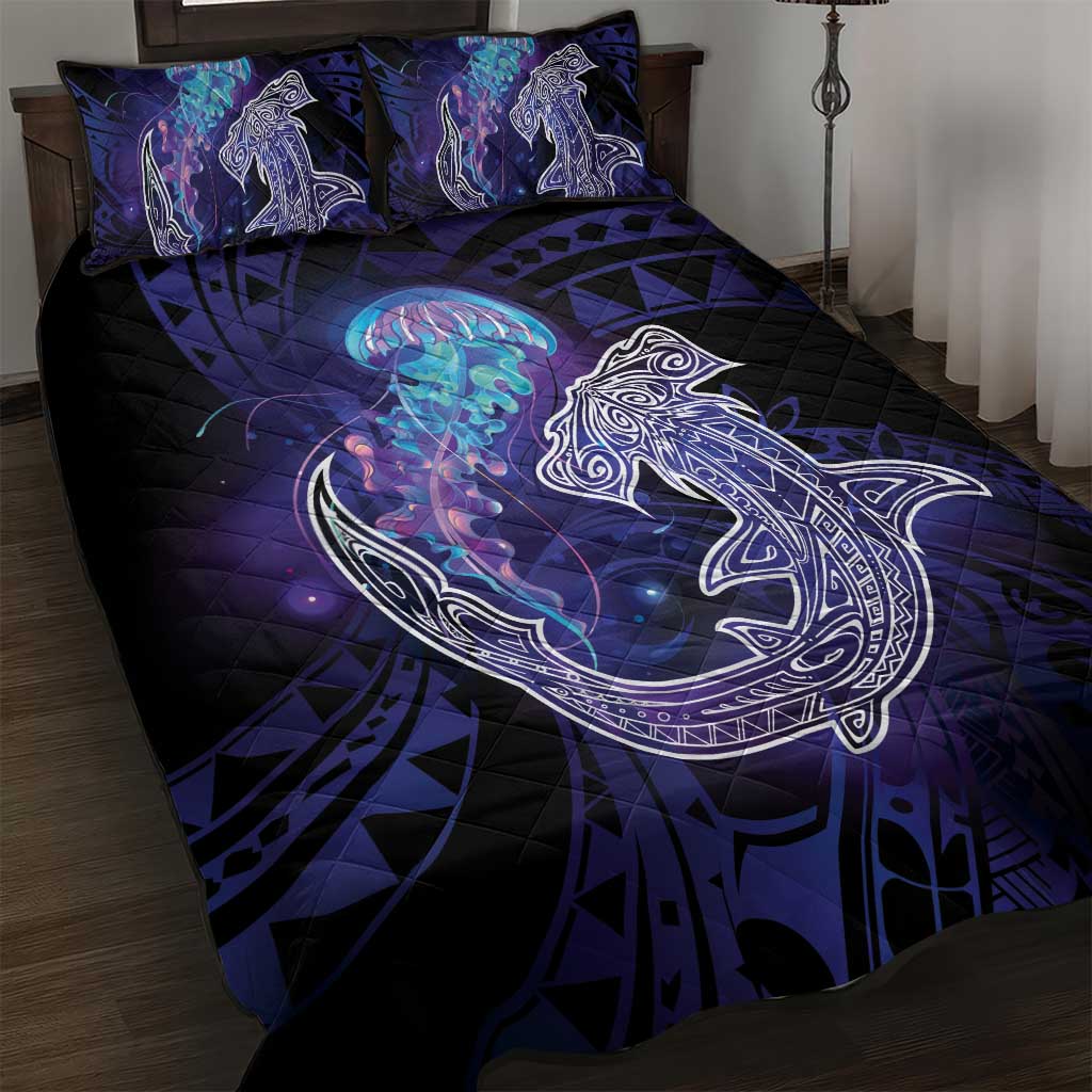 Polynesian Aumakua Quilt Bed Set Jellyfish with Shark LT7 Teal Purple - Polynesian Pride