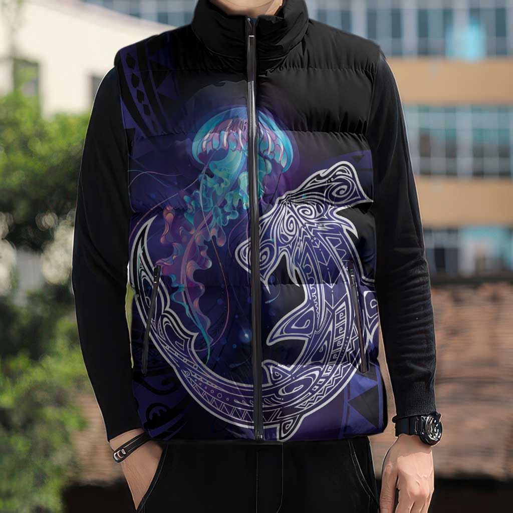 Polynesian Aumakua Sleeveless Puffer Jacket Jellyfish with Shark LT7 - Polynesian Pride
