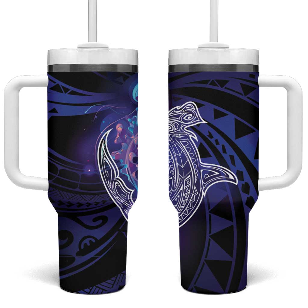 Polynesian Aumakua Tumbler With Handle Jellyfish with Shark LT7 One Size: 40 oz Teal Purple - Polynesian Pride