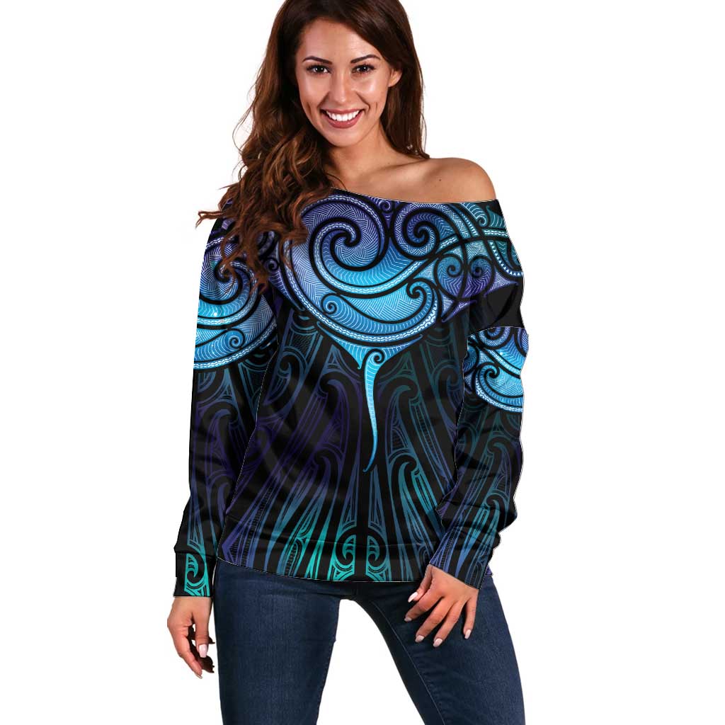 Aotearoa Maori Te Whai Rahi Off Shoulder Sweater Tala - Nowhere You Could Go That I Won't Be With You LT7 Women Teal Purple - Polynesian Pride