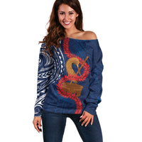 Talofa Samoa Tanoa Fue Mix Ulafala Off Shoulder Sweater LT7 Women Navy Blue - Polynesian Pride