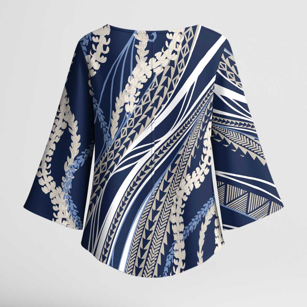 Polynesian Puakeniken Pikake Twisted Lei Kimono Sleeve Blouse Navy Blue LT7 - Polynesian Pride