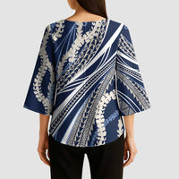 Polynesian Puakeniken Pikake Twisted Lei Kimono Sleeve Blouse Navy Blue LT7 - Polynesian Pride