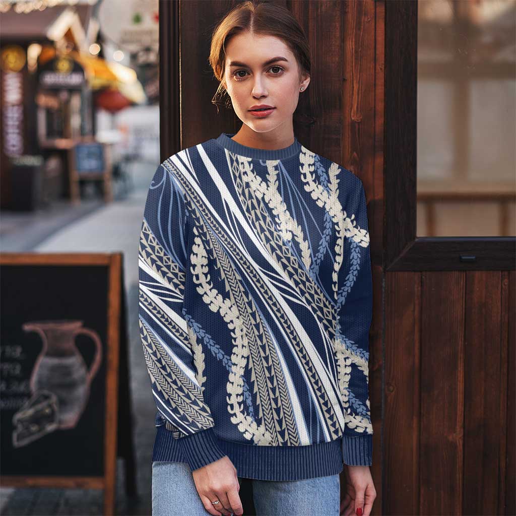 Polynesian Puakeniken Pikake Twisted Lei Ugly Christmas Sweater Navy Blue LT7 - Polynesian Pride