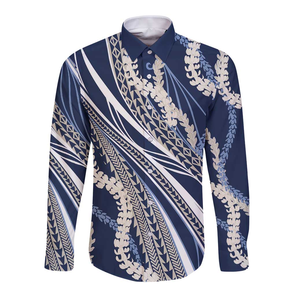 Polynesian Puakeniken Pikake Twisted Lei Long Sleeve Button Shirt Navy Blue LT7 Unisex Navy Blue - Polynesian Pride