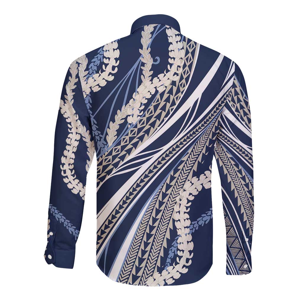 Polynesian Puakeniken Pikake Twisted Lei Long Sleeve Button Shirt Navy Blue LT7 - Polynesian Pride
