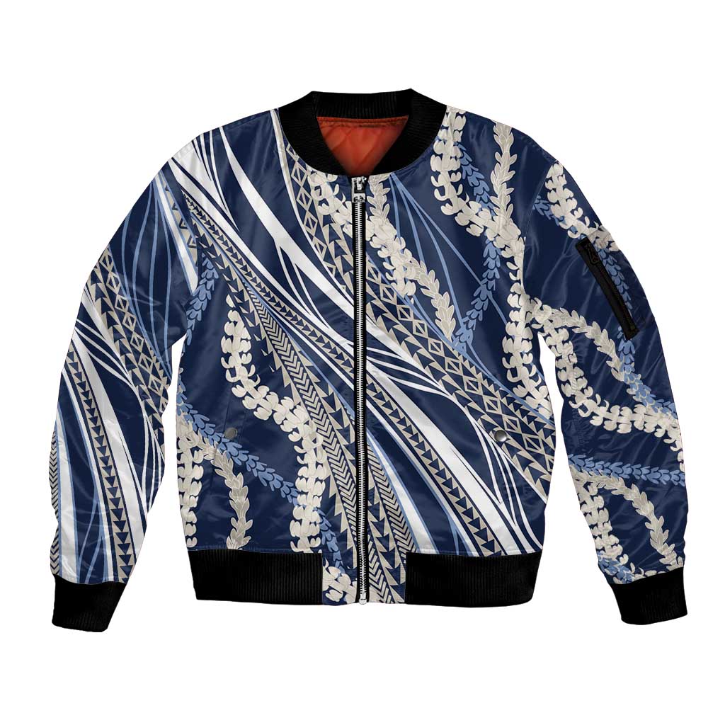 Polynesian Puakeniken Pikake Twisted Lei Sleeve Zip Bomber Jacket Navy Blue LT7 Unisex Navy Blue - Polynesian Pride