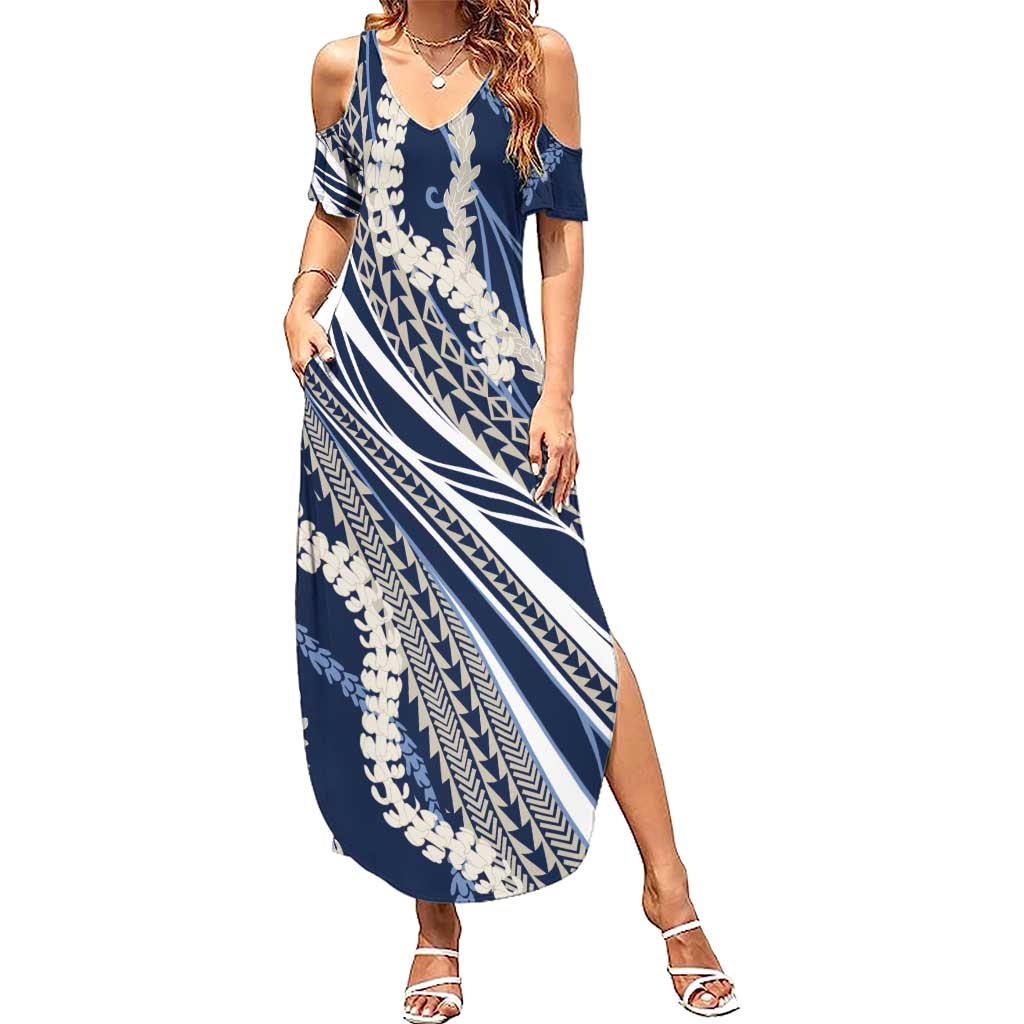 Polynesian Puakeniken Pikake Twisted Lei Summer Maxi Dress Navy Blue LT7 Women Navy Blue - Polynesian Pride