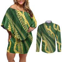 Polynesian Puakeniken Pikake Twisted Lei Couples Matching Off Shoulder Short Dress and Long Sleeve Button Shirt Emerald LT7 Emerald - Polynesian Pride