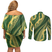 Polynesian Puakeniken Pikake Twisted Lei Couples Matching Off Shoulder Short Dress and Long Sleeve Button Shirt Emerald LT7 - Polynesian Pride