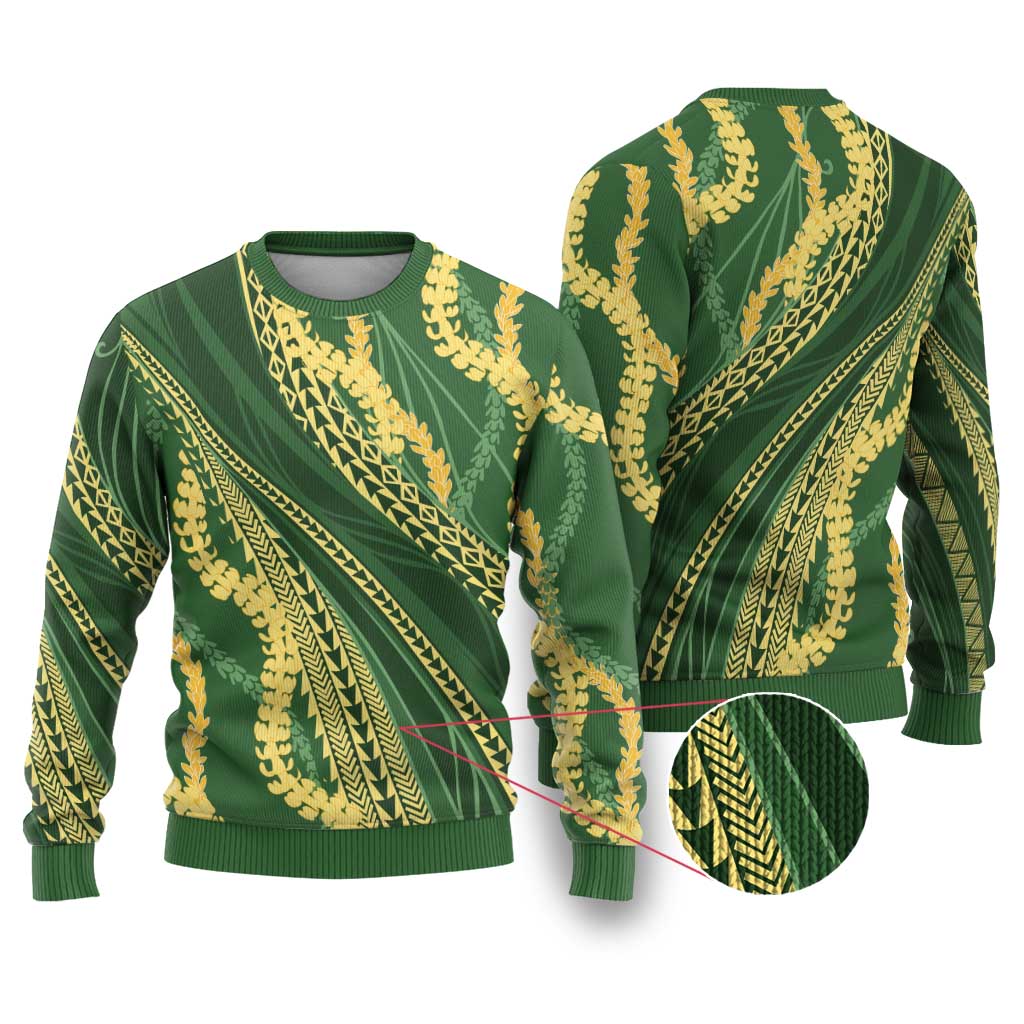 Polynesian Puakeniken Pikake Twisted Lei Ugly Christmas Sweater Emerald LT7 Emerald - Polynesian Pride