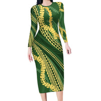 Polynesian Puakeniken Pikake Twisted Lei Long Sleeve Bodycon Dress Emerald LT7 Long Dress Emerald - Polynesian Pride