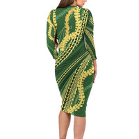 Polynesian Puakeniken Pikake Twisted Lei Long Sleeve Bodycon Dress Emerald LT7 - Polynesian Pride
