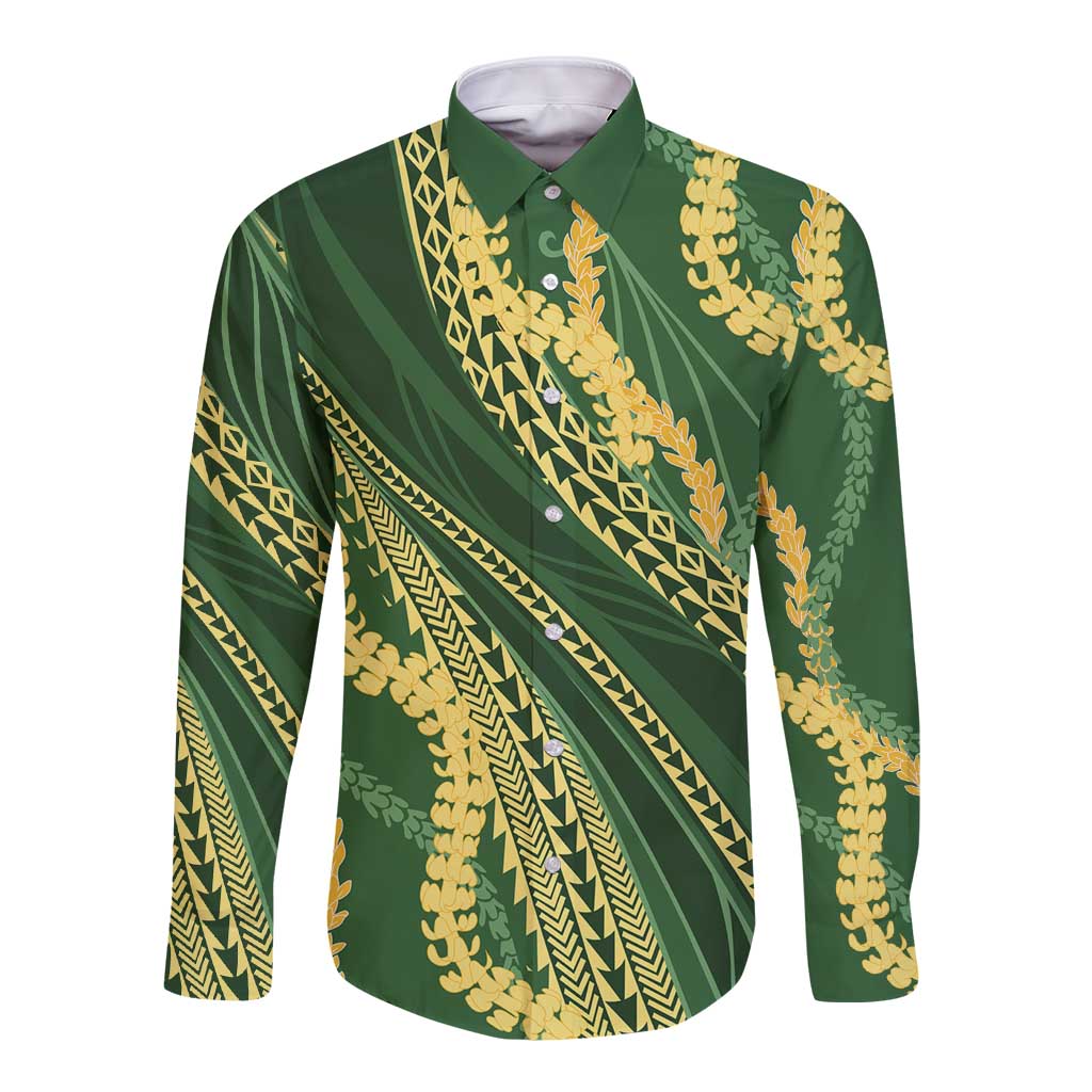Polynesian Puakeniken Pikake Twisted Lei Long Sleeve Button Shirt Emerald LT7 Unisex Emerald - Polynesian Pride