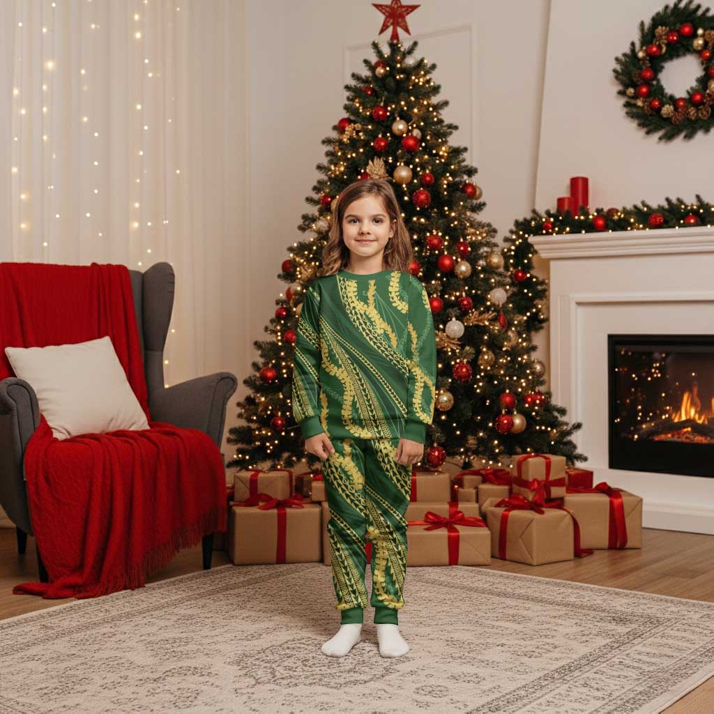 Polynesian Puakeniken Pikake Twisted Lei Christmas Pajama Set Emerald LT7 Kid Emerald - Polynesian Pride