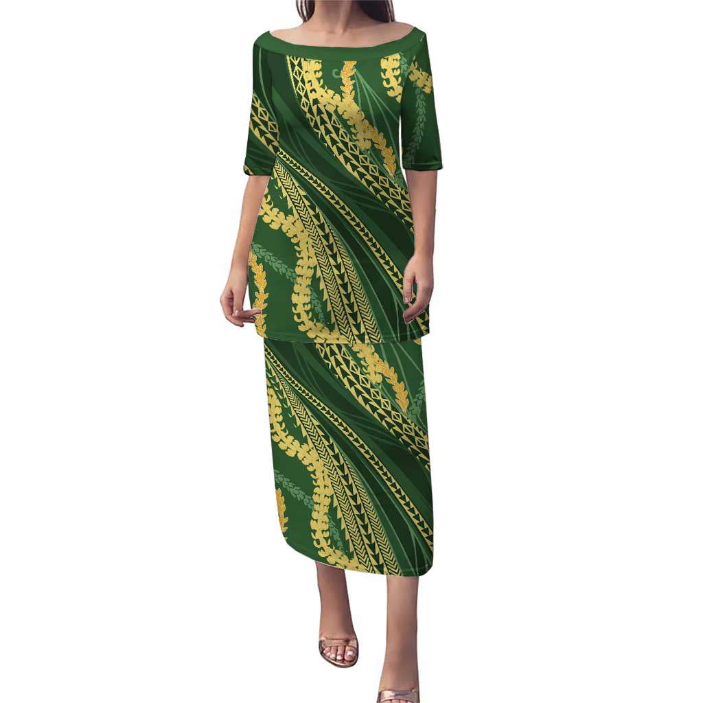 Polynesian Puakeniken Pikake Twisted Lei Puletasi Emerald LT7 Long Dress Emerald - Polynesian Pride