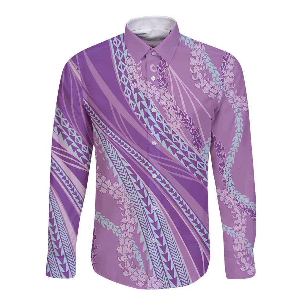 Polynesian Puakeniken Pikake Twisted Lei Long Sleeve Button Shirt Amethys LT7 Unisex Amethys - Polynesian Pride