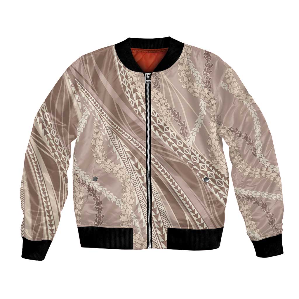 Polynesian Puakeniken Pikake Twisted Lei Bomber Jacket Beige LT7 Unisex Beige - Polynesian Pride