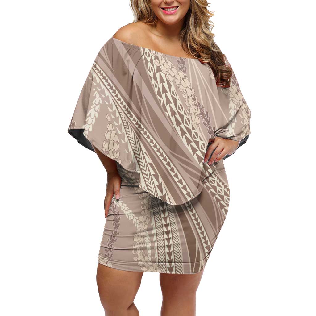 Polynesian Puakeniken Pikake Twisted Lei Off Shoulder Short Dress Beige LT7 Women Beige - Polynesian Pride