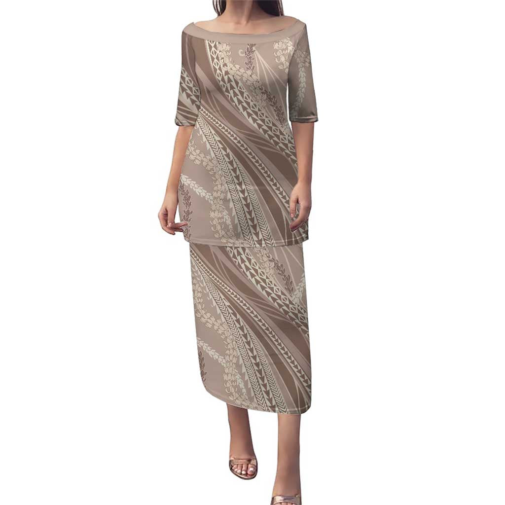 Polynesian Puakeniken Pikake Twisted Lei Puletasi Beige LT7 Long Dress Beige - Polynesian Pride