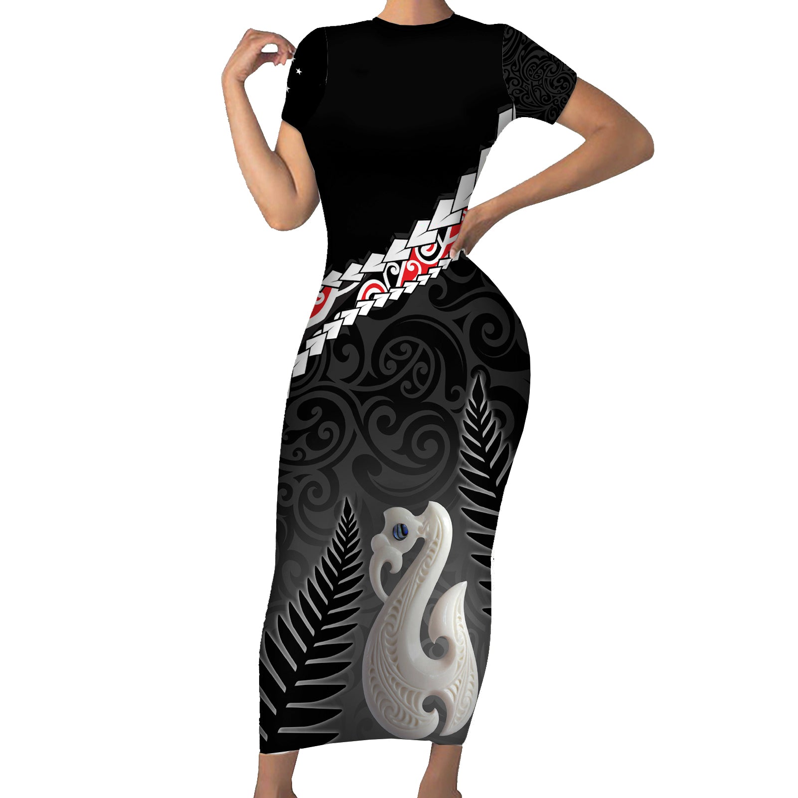 Personalised New Zealand Maori Short Sleeve Bodycon Dress Manaia Mix Koru LT7 Long Dress Black - Polynesian Pride