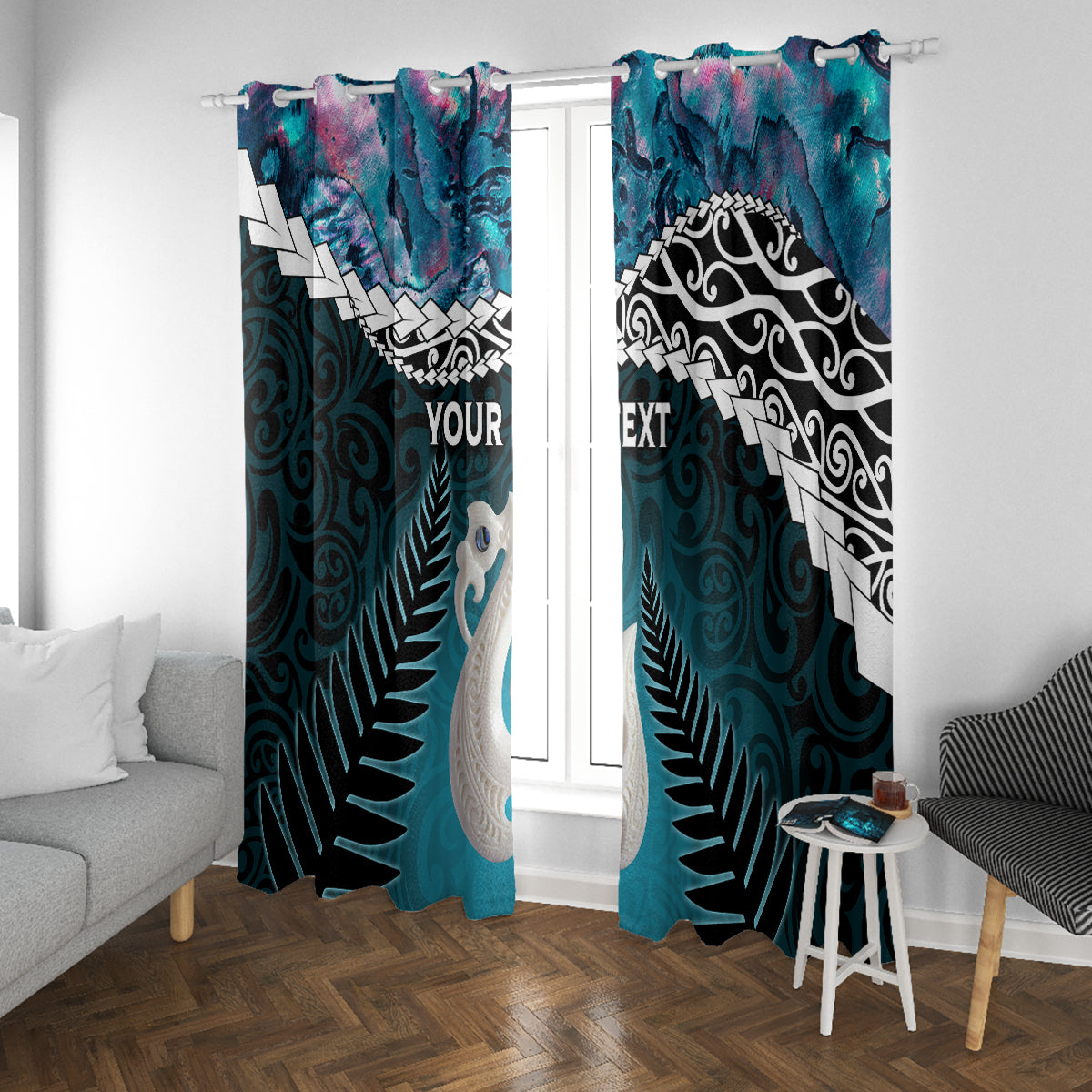 Personalised New Zealand Maori Window Curtain Manaia Paua Shell Turquoise LT7 With Grommets Turquoise - Polynesian Pride