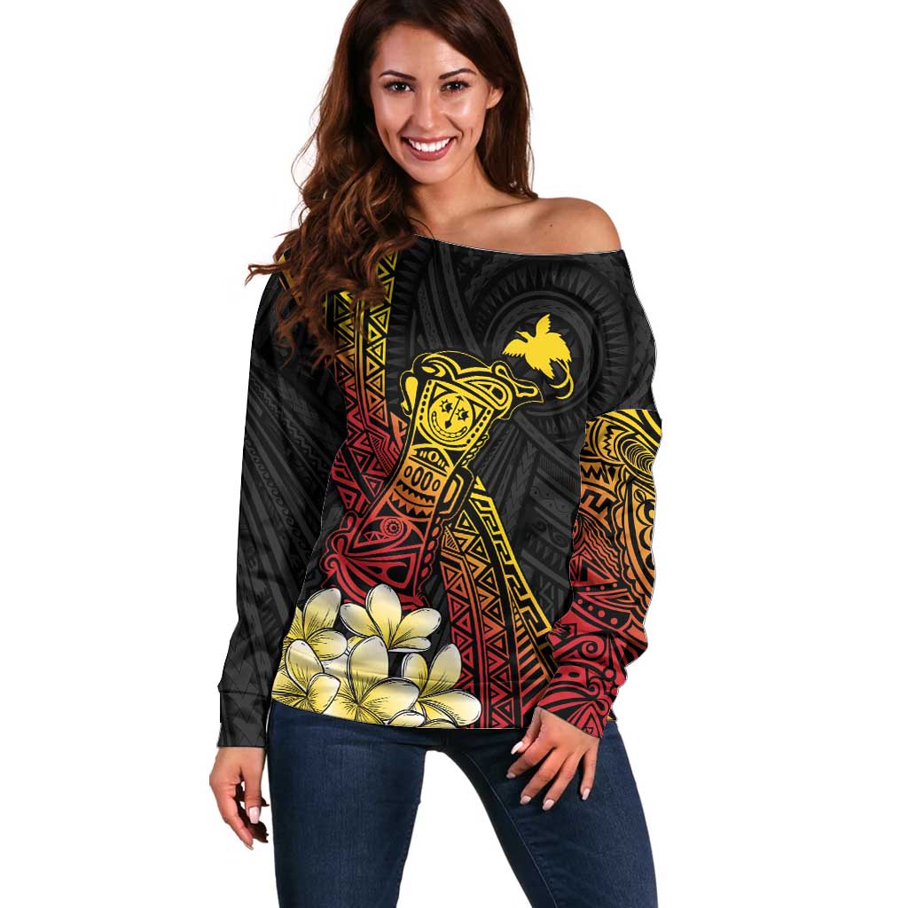 Personalized Papua New Guinea Off Shoulder Sweater Kundu Drum Carving Motifs LT7 Women Black - Polynesian Pride
