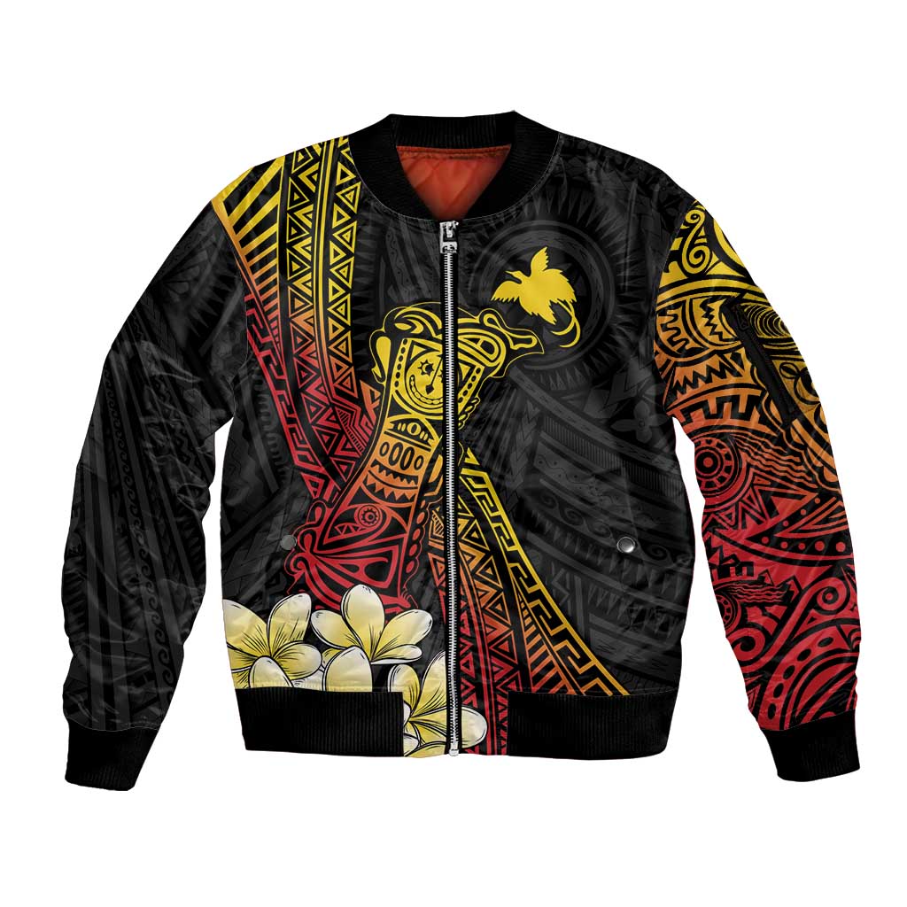 Personalized Papua New Guinea Sleeve Zip Bomber Jacket Kundu Drum Carving Motifs LT7 Unisex Black - Polynesian Pride