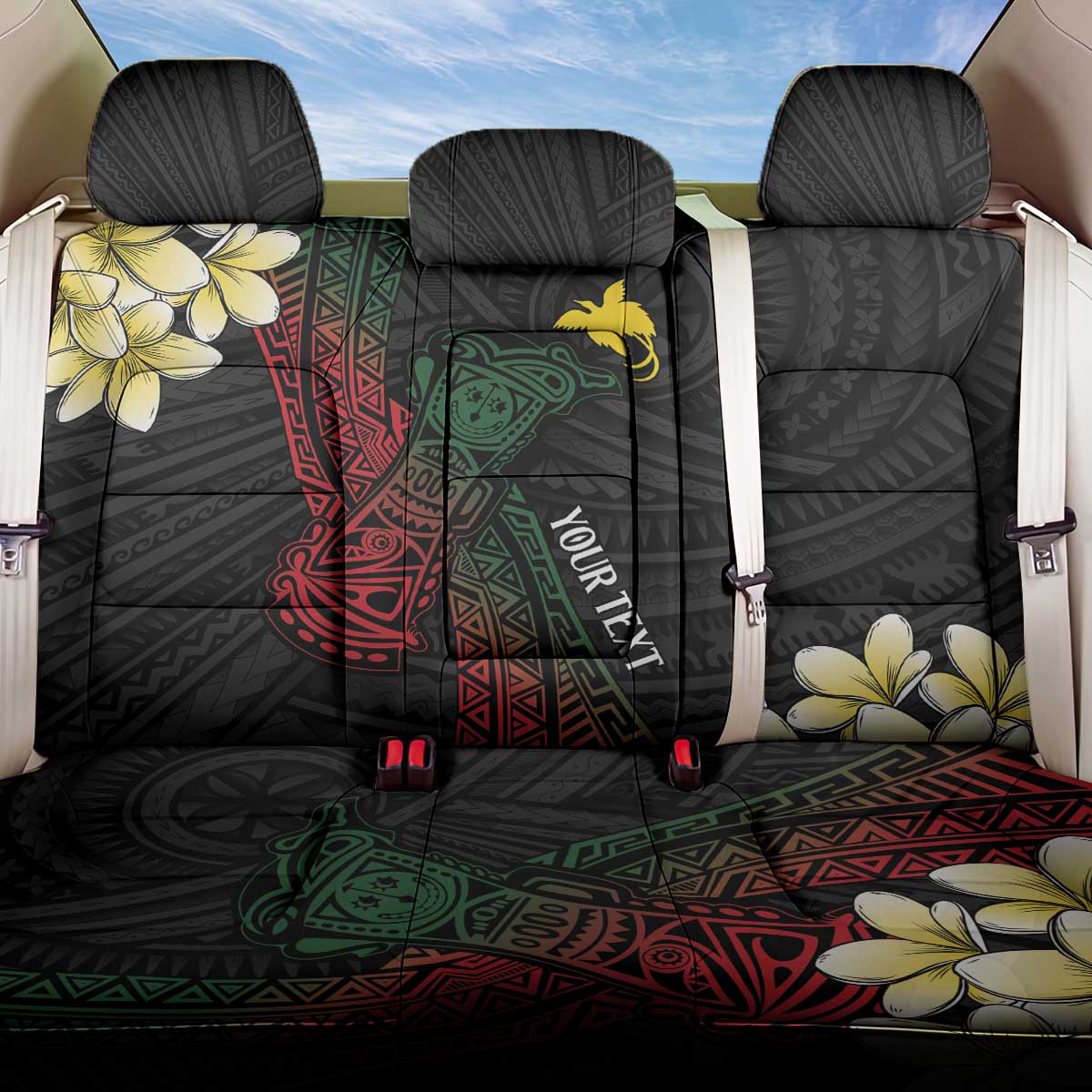 Personalized Papua New Guinea Back Car Seat Cover Kundu Drum Motifs - Sepik Colors LT7 One Size Black - Polynesian Pride