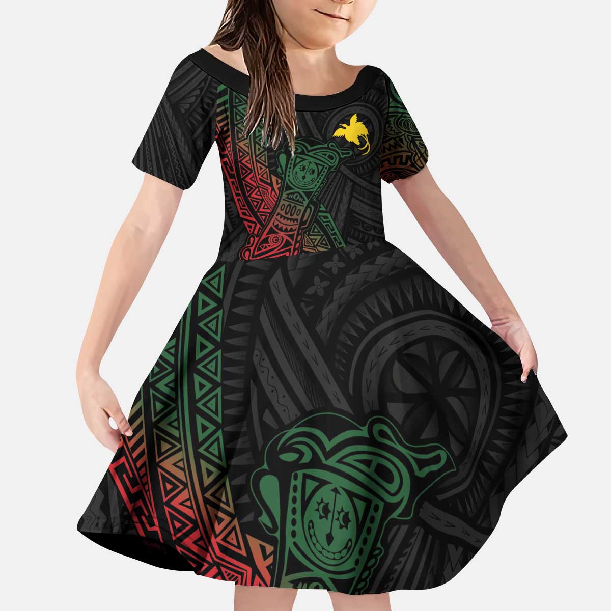 Personalized Papua New Guinea Kid Short Sleeve Dress Kundu Drum Motifs - Sepik Colors LT7 KID Black - Polynesian Pride