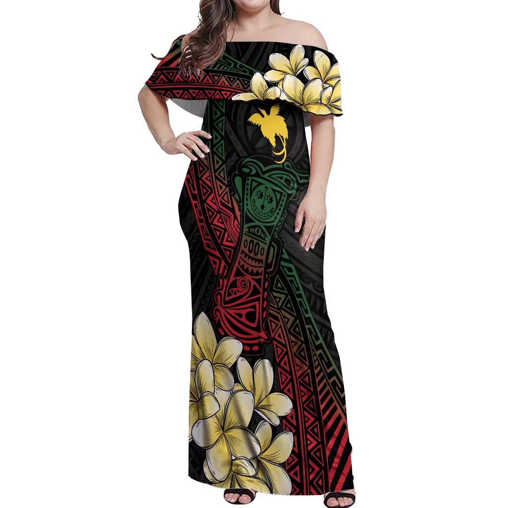 Personalized Papua New Guinea Off Shoulder Maxi Dress Kundu Drum Motifs - Sepik Colors LT7 Women Black - Polynesian Pride