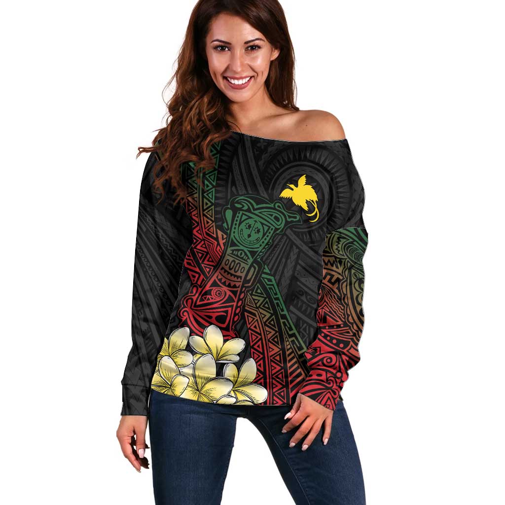 Personalized Papua New Guinea Off Shoulder Sweater Kundu Drum Motifs - Sepik Colors LT7 Women Black - Polynesian Pride