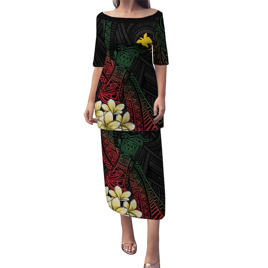 Personalized Papua New Guinea Puletasi Kundu Drum Motifs - Sepik Colors LT7 Long Dress Black - Polynesian Pride